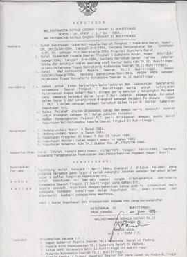 Keputusan Walikotamadya Kepala Daerah Tingkat II Bukittinggi Nomor : UP. 020/5/DN-1994 tanggal 20...