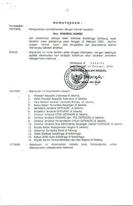 SK Kemendagri Tentang Pengesahan Pemberhentian Wakil Walikota Bukittinggi Nomor 132.23-75 Tahun 2005