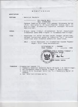 Keputusan Gubernur Kepala Daerah Tingkat I Sumatera Barat Nomor : UP.PD.1873/5/DN-1994 kepada Drs...